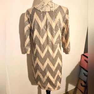 Beige sequin design dress, long sleeve size medium 60s style bling